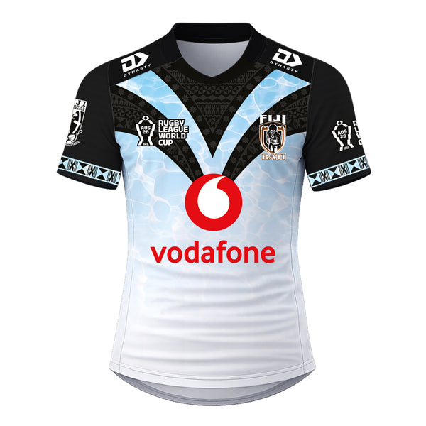 2026 Fiji Bati Home RLWC Jersey front view in white and sky blue with black chevron