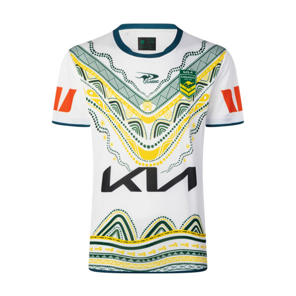 2026 Australia Kangaroos Indigenous RLWC Jersey front view in white with green and gold artwork