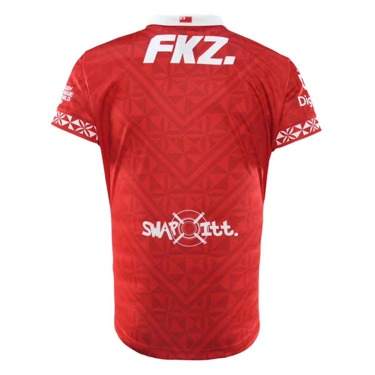 2026 Tonga Home Jersey back view in red with Tonga flag and white sponsor detailing