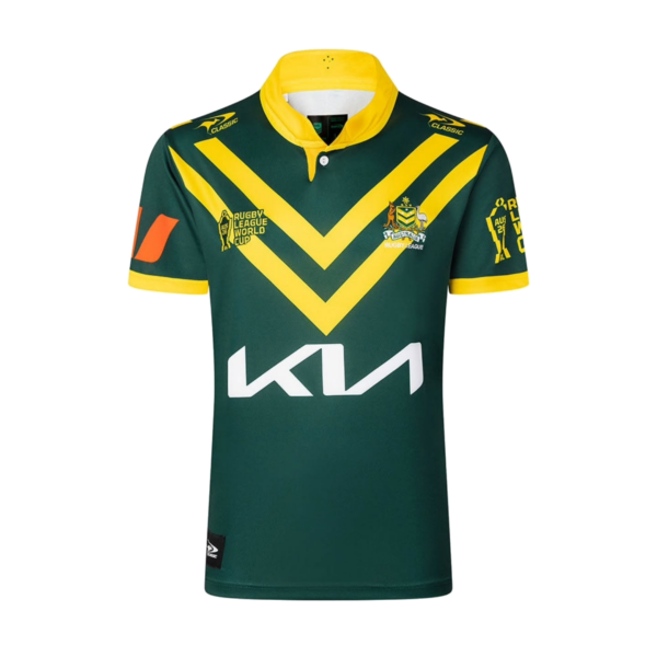 2026 Australia Kangaroos RLWC Home Jersey front view in green with gold double chevron