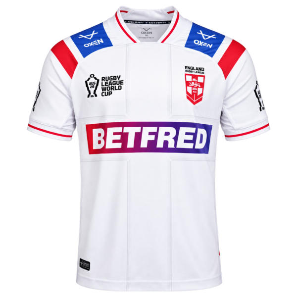 2026 England RLWC Home Jersey front view in white with red and blue accents