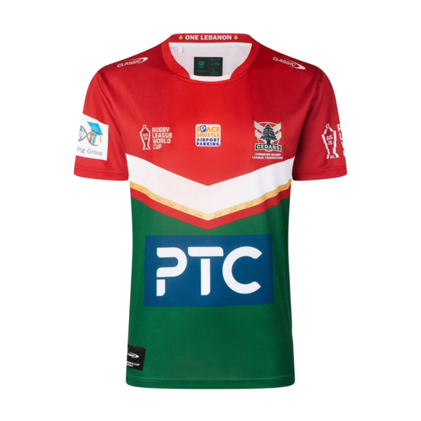 2026 Lebanon Home RLWC Jersey front view in red, green and white with Cedars crest