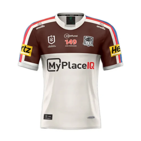 2026 Penrith Panthers Special Jersey front view in chocolate brown and cream with striped shoulders
