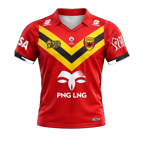 2026 Papua New Guinea Away RLWC Jersey front view in red with yellow and black chevrons