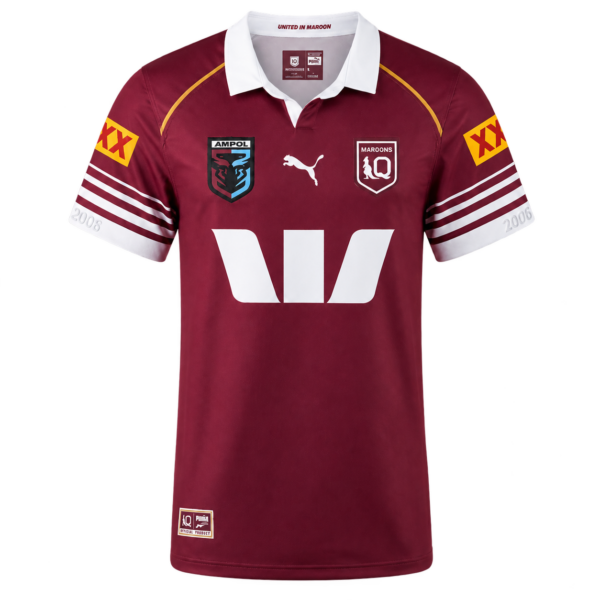 2026 Queensland Maroons Home Jersey front view in maroon, white and gold