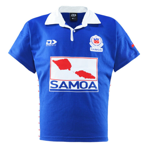 Toa Samoa Throwback Jersey front view in blue with white collar and Samoa island graphic