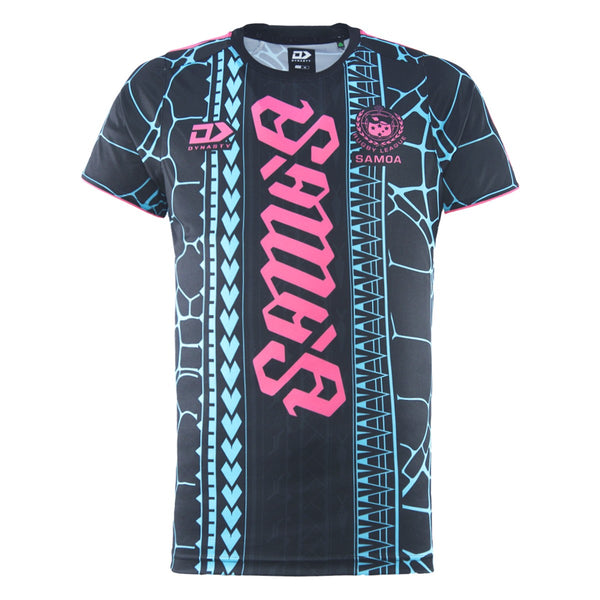 2026 Toa Samoa Captains Run Jersey front with blue linework and pink Samoa lettering