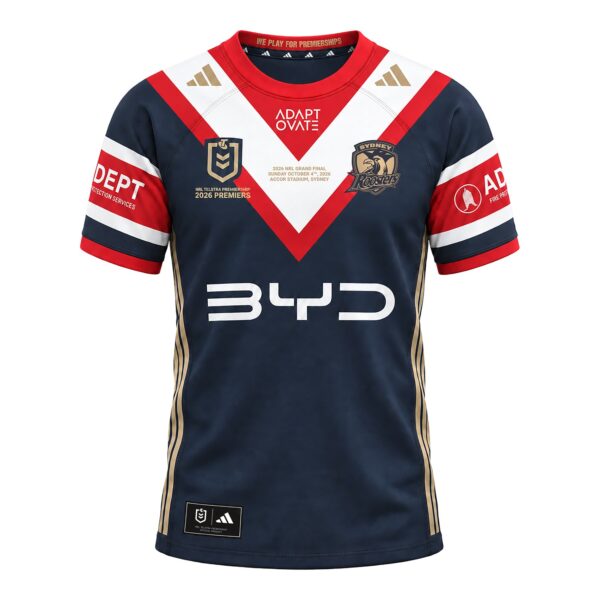 2026 Sydney Roosters Premiership Jersey front in navy red white and gold